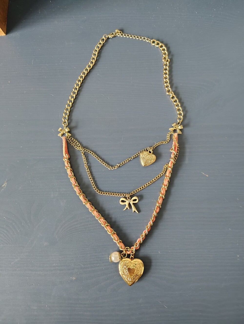 Pink & Gold coloured Charm Pendant Statement Necklace